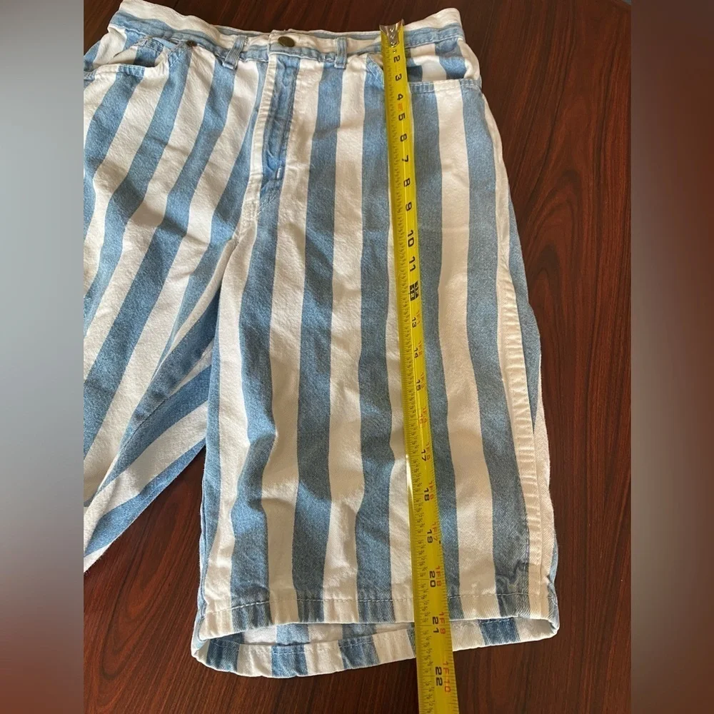 Vintage Chic High Waisted Mom Shorts, 1990s Striped Denim Shorts, Modest Shorts